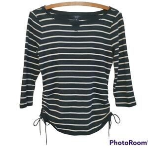 Chaps petite medium top black with white stripes tie accent on sides 3/4 sleeve